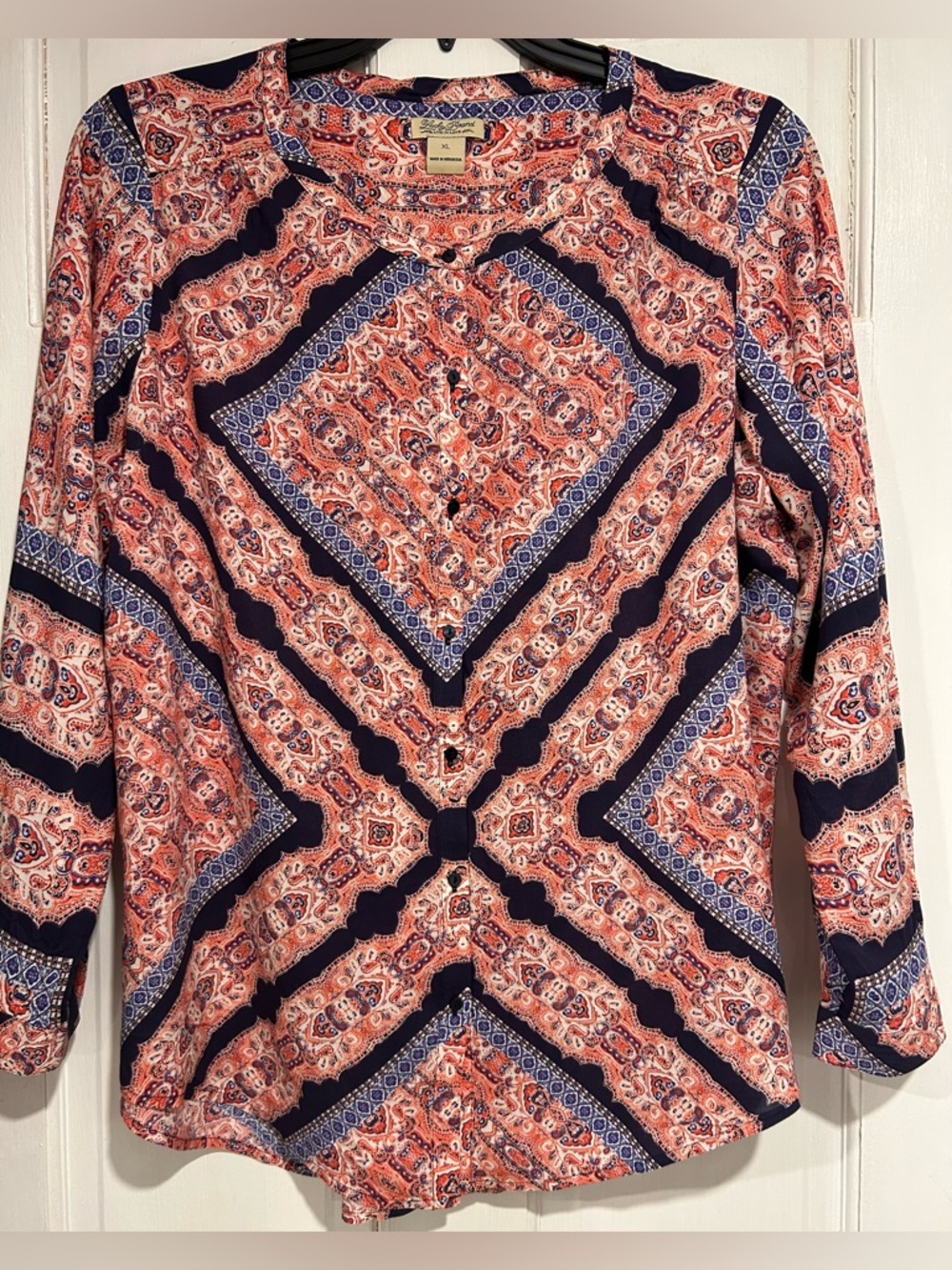 Lucky Brand XL Boho Print Rayon Top Button Front Long Sleeve Lightweight